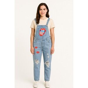 Mislook Denim Bib Overalls Jeans Mouth Tongue Lips Hippie Boho Distressed Size S